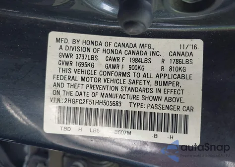 2017 Honda Civic Lx из США, поврежденный, VIN 2HGFC2F51HH505683